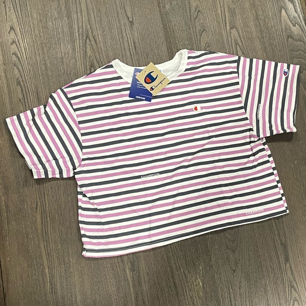NWT Champion Black Pink Striped Crop Top - Size XL